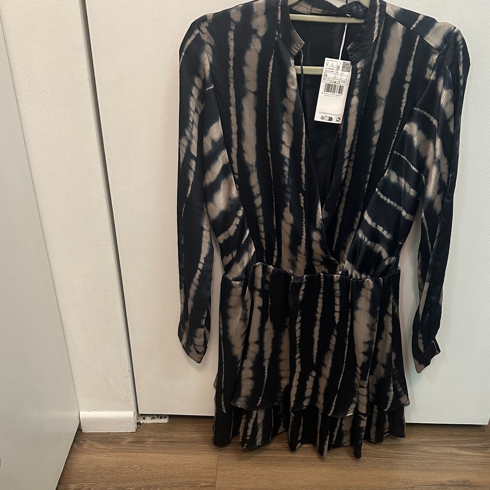 Mango Black and Cream Long Sleeve Dress